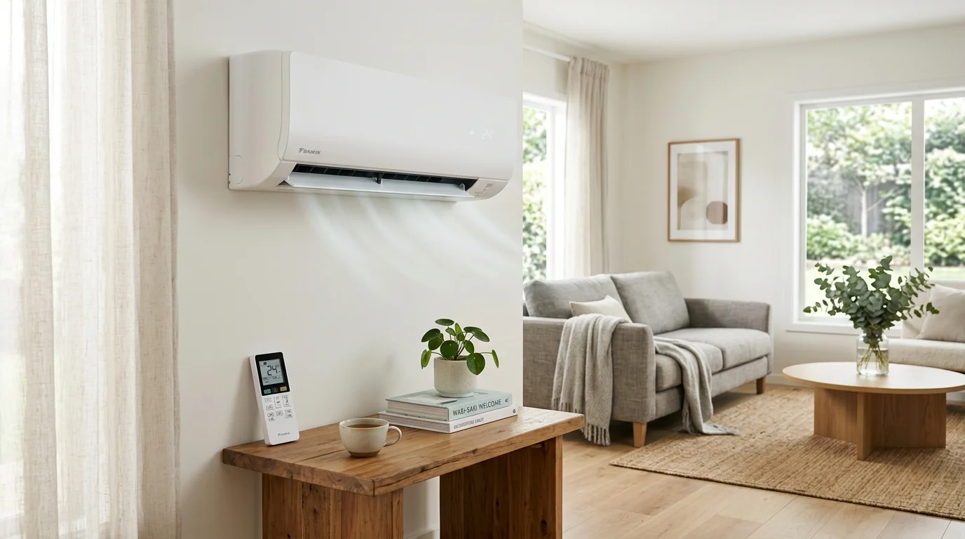 Modern split inverter air conditioner mounted in home interior cooling a living space