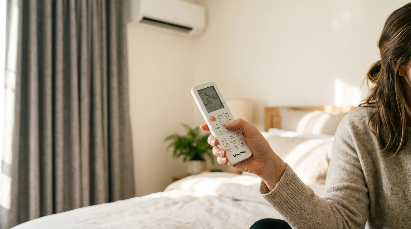 Person holding an AC remote control setting temperature to 24 degrees in a bedroom with thermal curtains