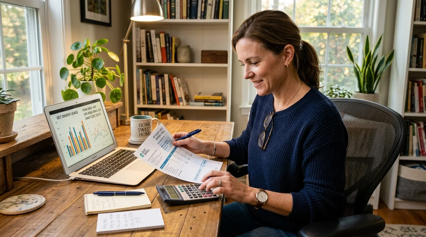 Homeowner reviewing monthly electricity utility bill with calculator and energy usage chart on laptop
