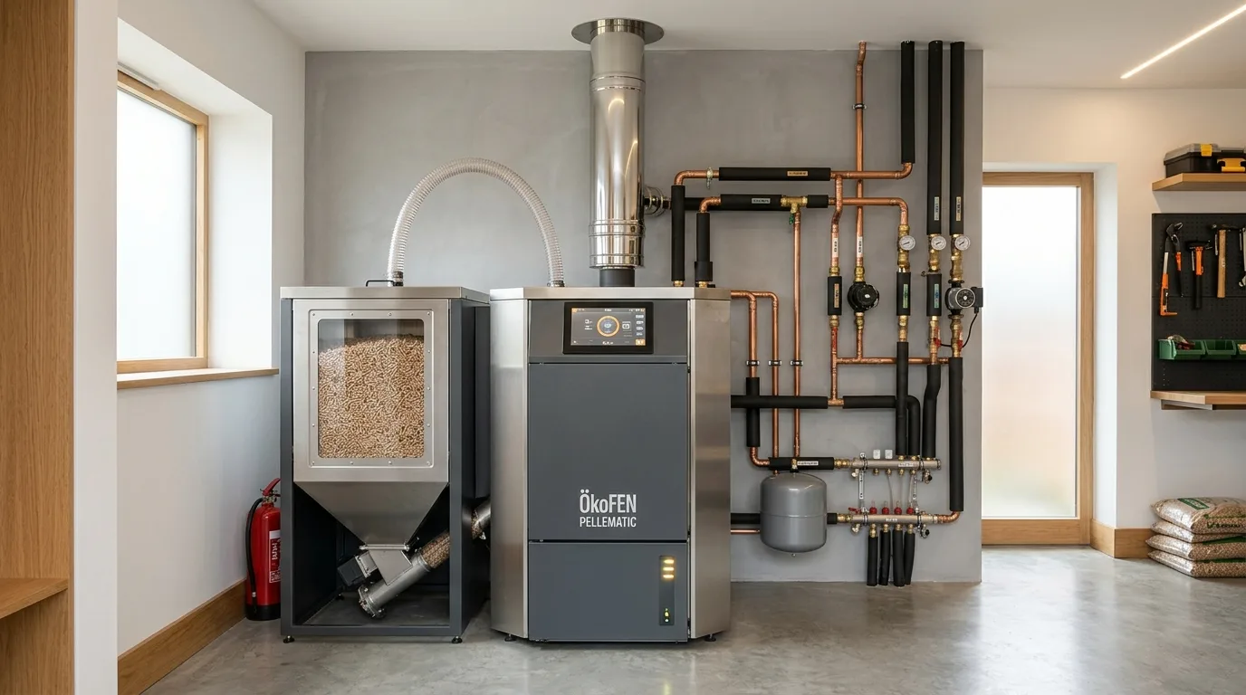 Modern residential biomass wood pellet automated boiler heating system in contemporary home utility room
