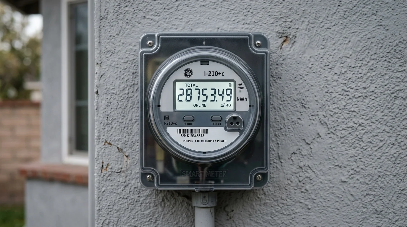 Close-up of a digital LCD electricity meter showing kilowatt-hour reading on exterior wall