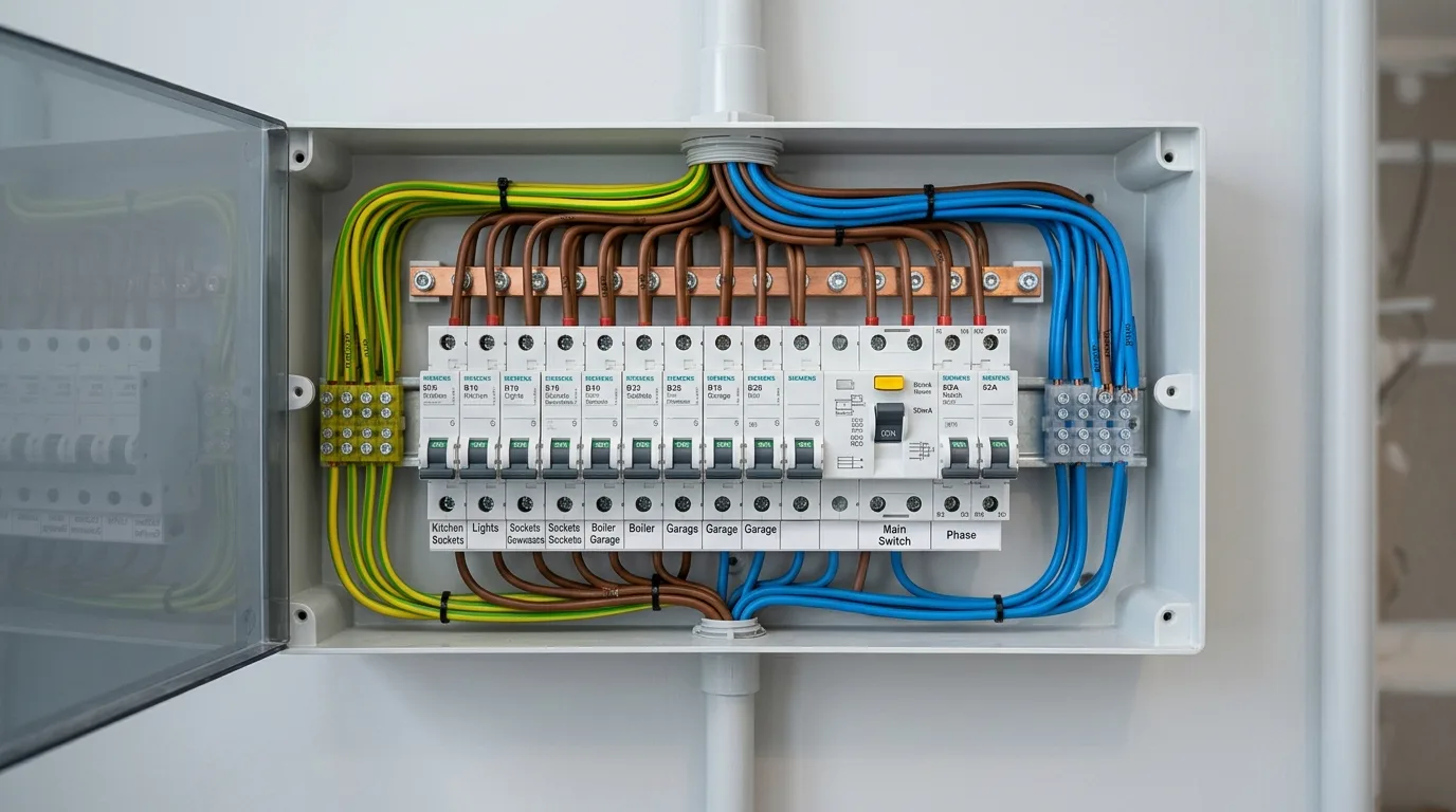 Modern residential distribution board with neatly organized miniature circuit breakers and color-coded copper wiring
