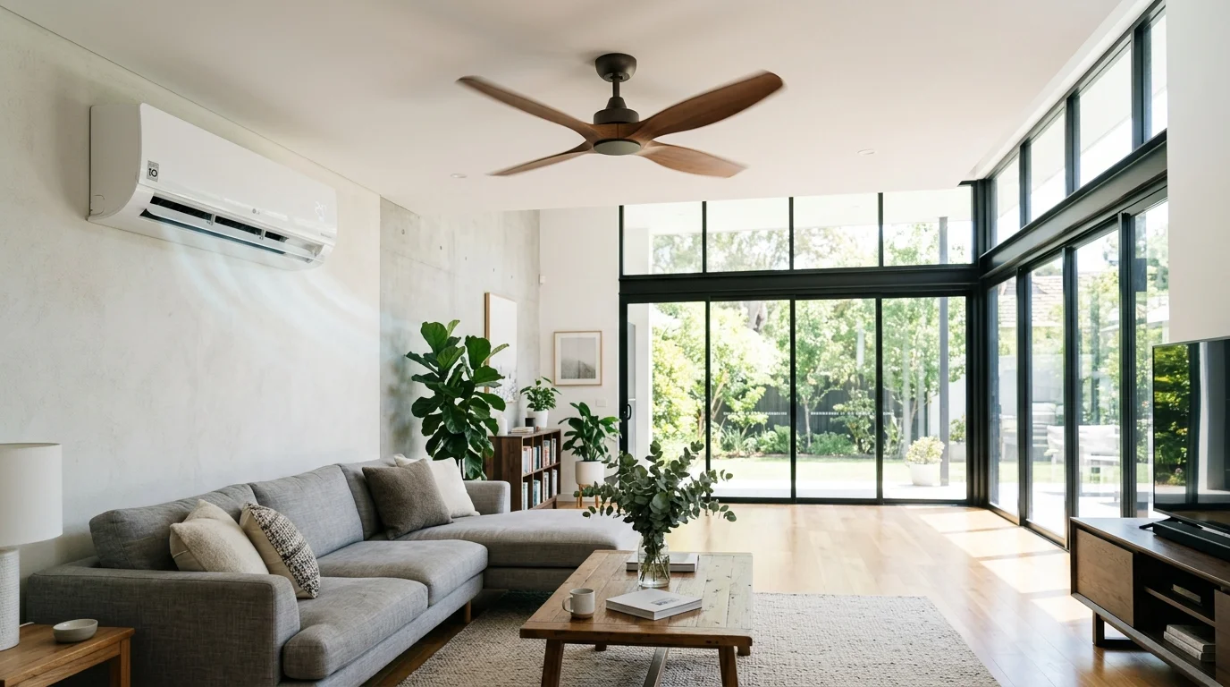 Modern home living room with stylish wooden BLDC ceiling fan and wall mounted split AC