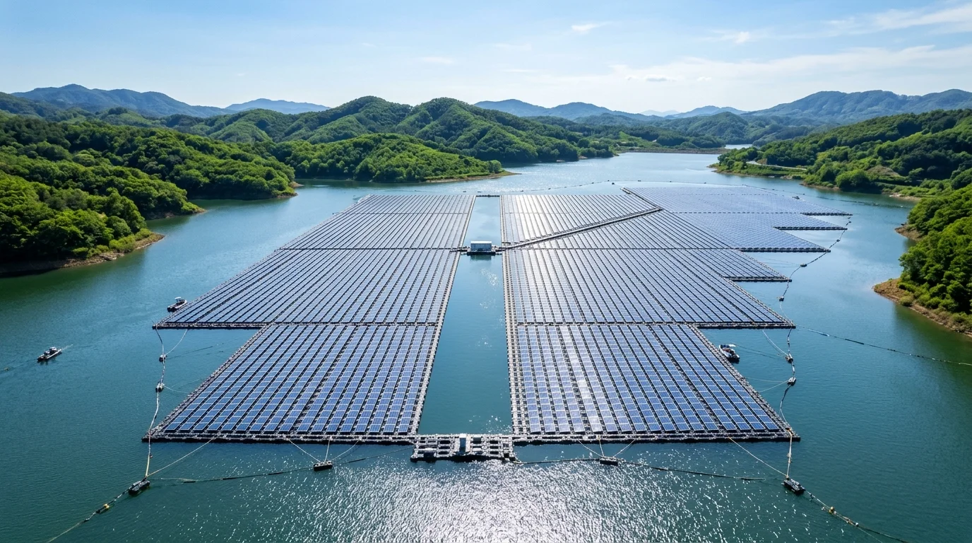 Aerial view of a utility-scale floating solar photovoltaic power plant with modular pontoons installed on a water reservoir
