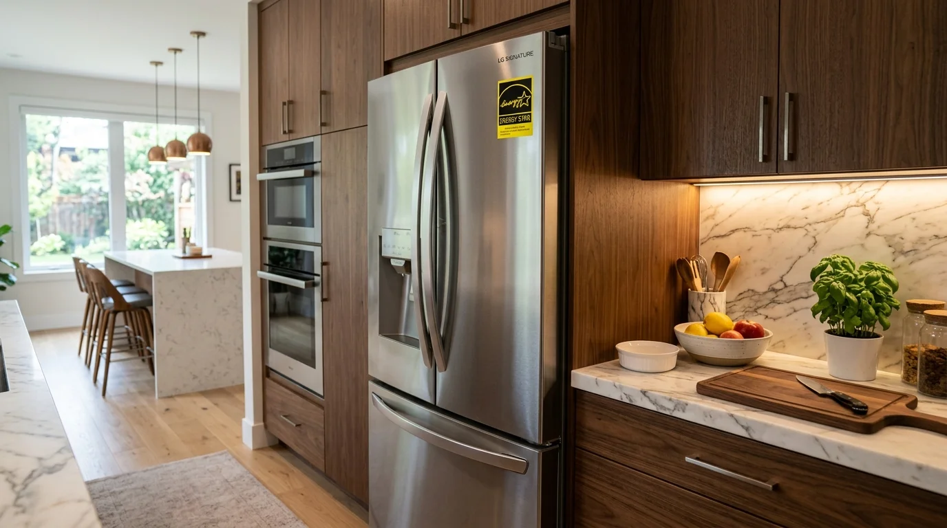 Modern stainless steel energy star rated inverter refrigerator in contemporary kitchen