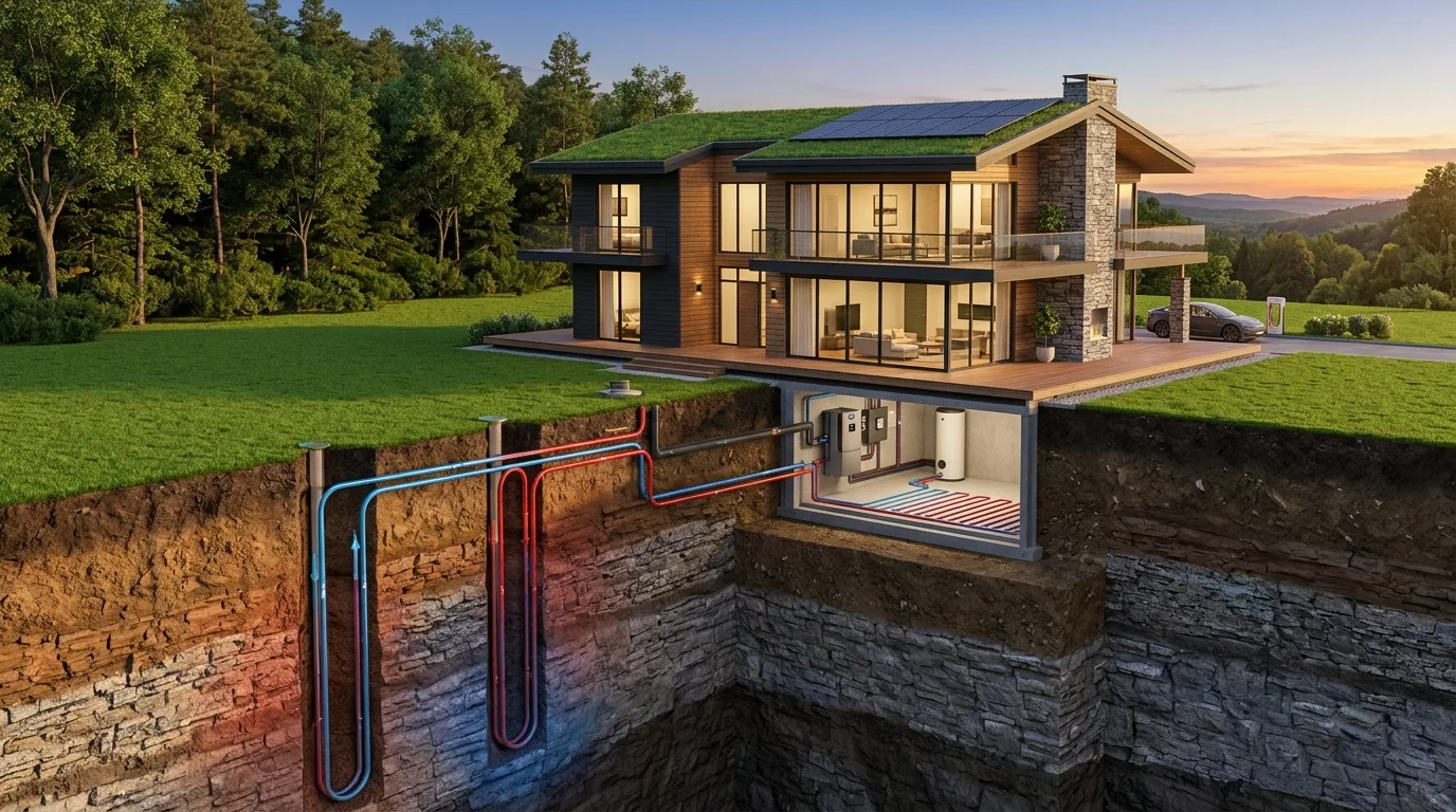Modern energy-efficient luxury home with underground geothermal closed-loop ground-source heat pump cross-section visualization