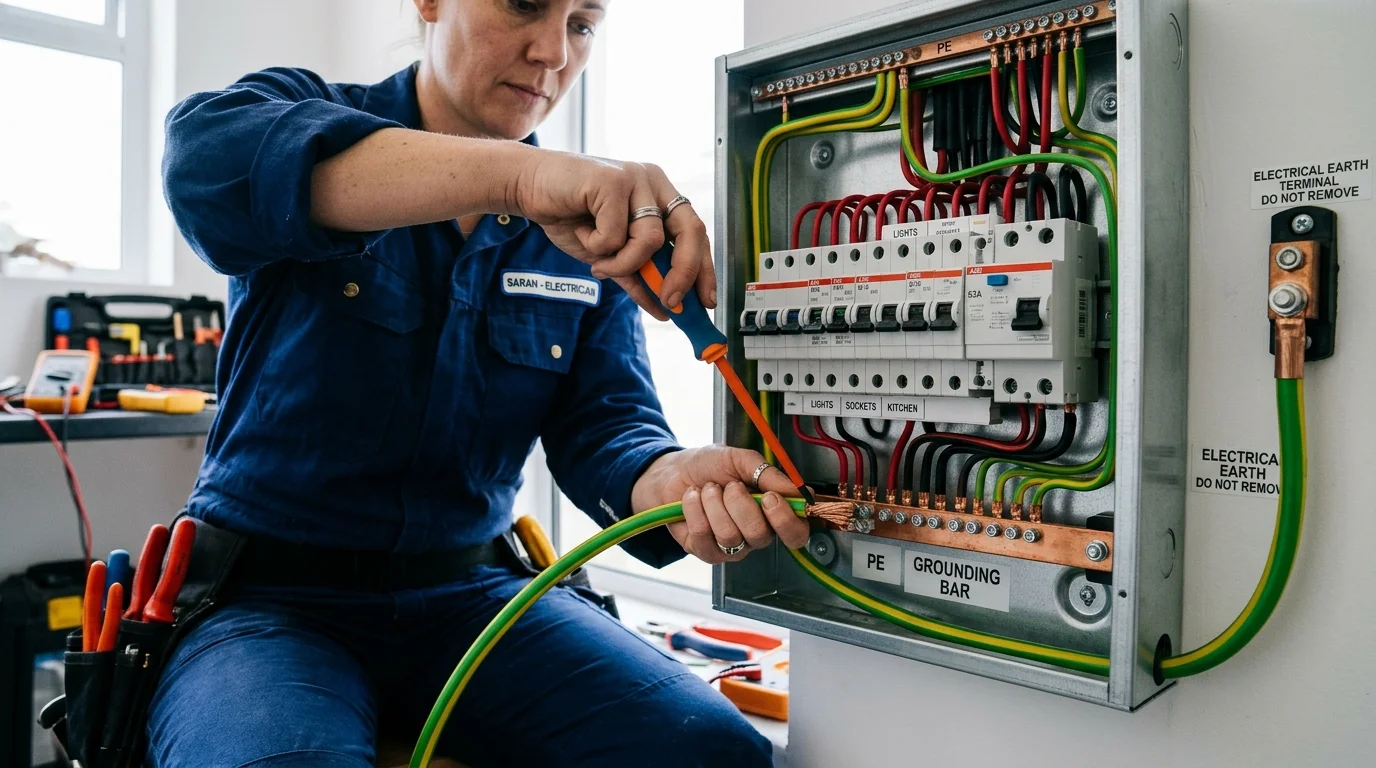 Electrician wiring residential electrical earthing grounding conductor into home distribution panel