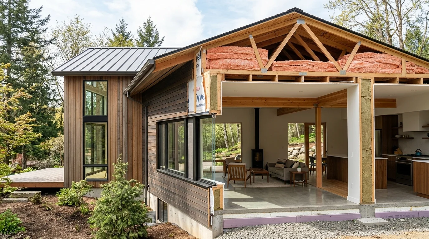 Modern residential eco house architectural cross section showing attic roof fiberglass insulation and double glazed windows