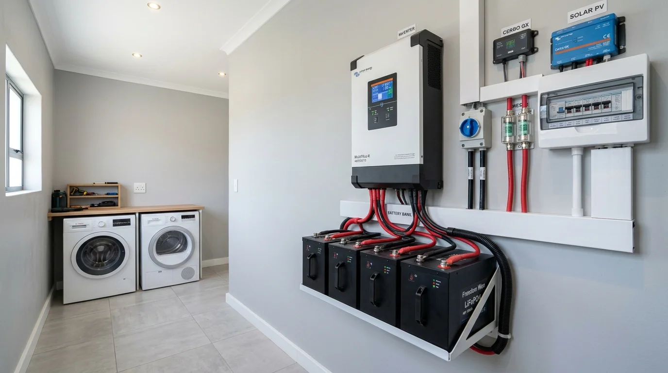 Modern home power backup inverter and deep-cycle battery installation with digital load monitoring display