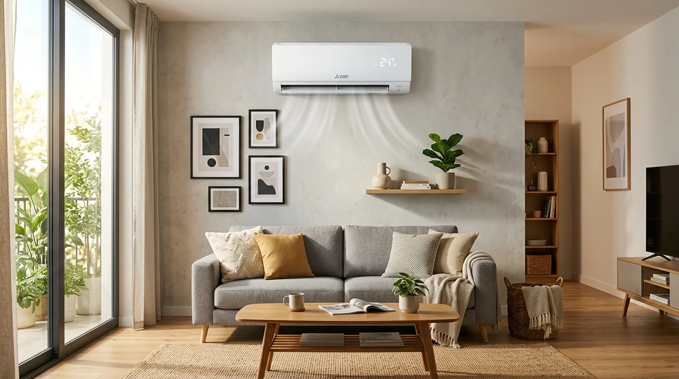 Modern sleek inverter split air conditioner running quietly at 24 degrees in contemporary living room