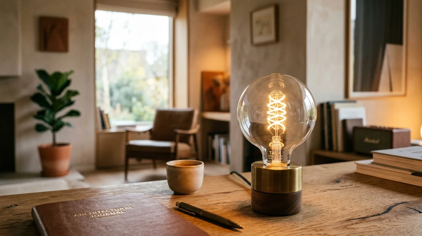 Warm editorial comparison of modern energy efficient LED bulb illuminating an architectural interior