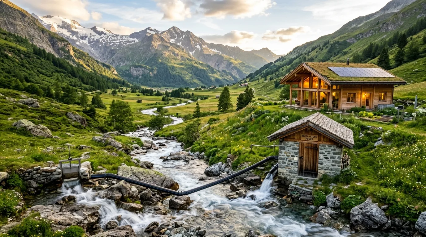 Scenic sustainable off-grid homestead with alpine mountain stream micro-hydro power turbine powerhouse system