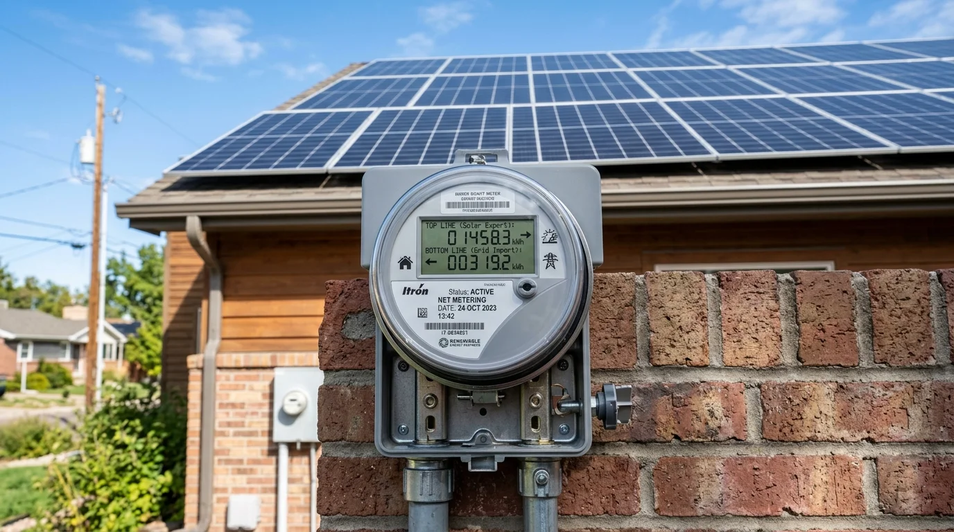 Bidirectional digital smart net meter measuring solar export and grid import on exterior wall with rooftop solar array