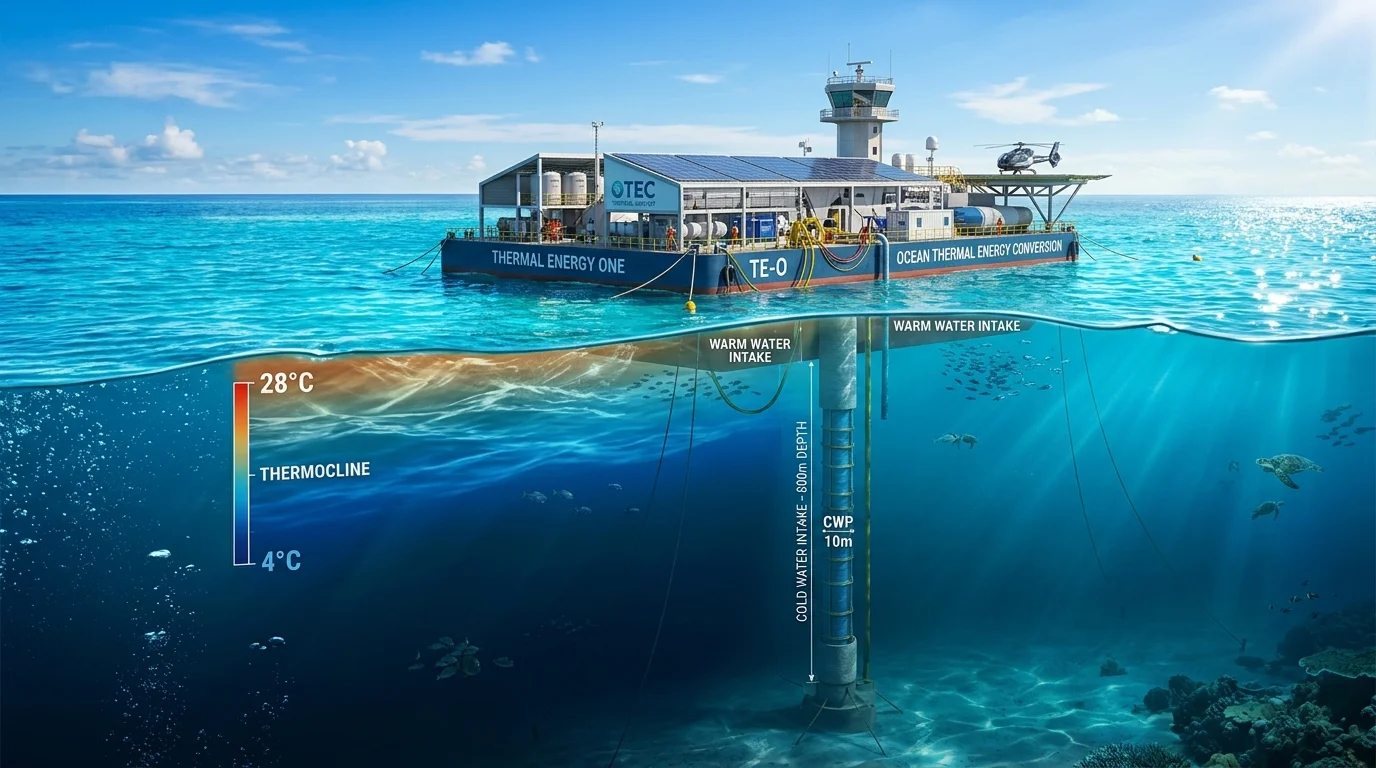 Offshore ocean thermal energy conversion (OTEC) semi-submersible platform operating in deep tropical ocean with cold-water pipe descending into the ocean thermocline