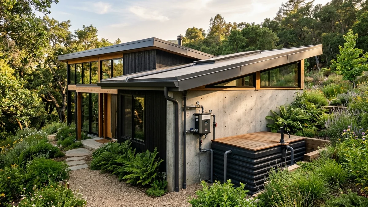Modern sustainable residential home featuring architectural rainwater harvesting gutters, wall-mounted filter chamber, and garden storage cistern