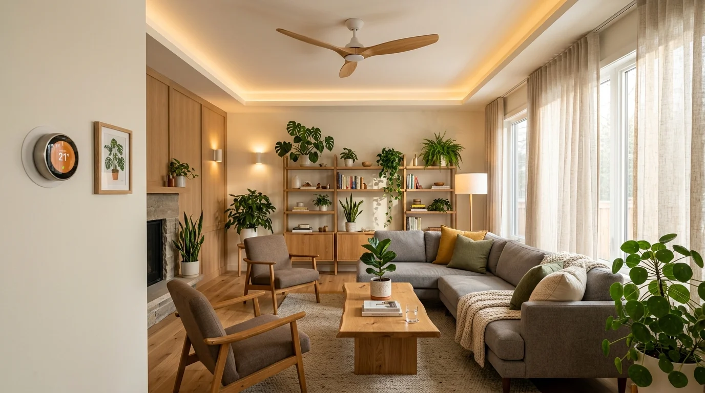 Cozy modern energy-efficient living room with smart thermostat on wall, warm LED ambient lighting, and wooden BLDC ceiling fan