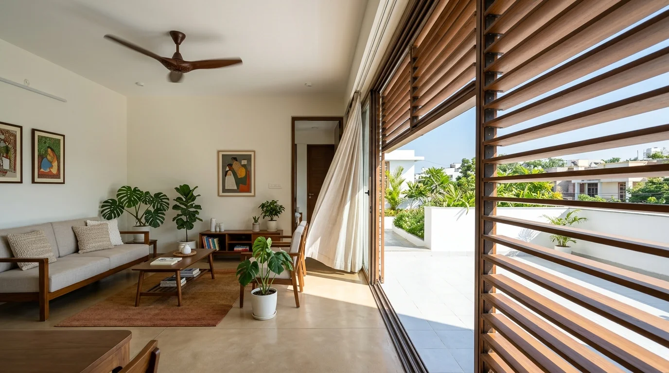 Bright energy efficient modern Indian home living room with external wooden louvers, natural breeze, ceiling fan, and white reflective terrace