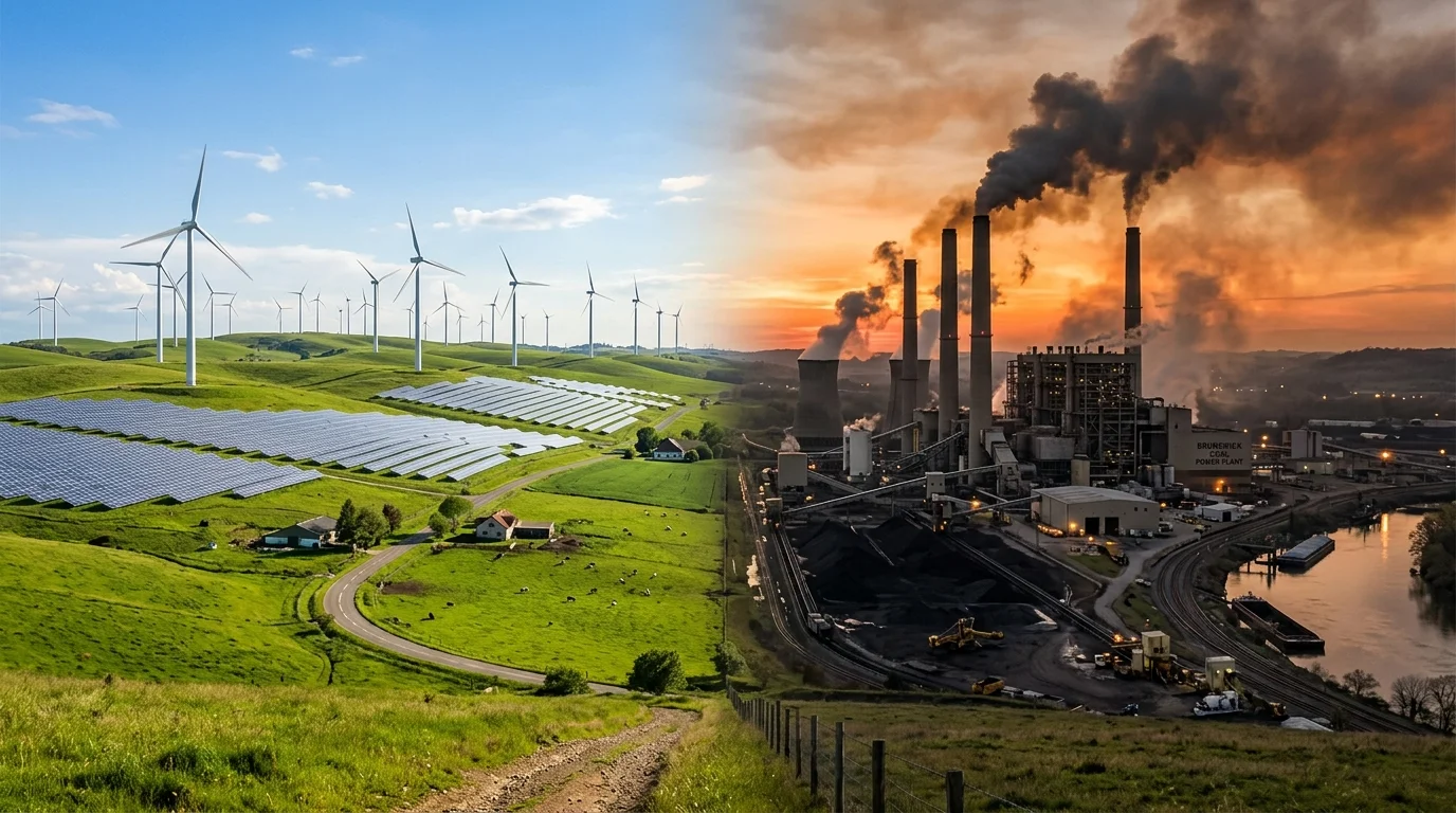 Dramatic split landscape comparing clean wind turbines and solar panels with an industrial coal power plant
