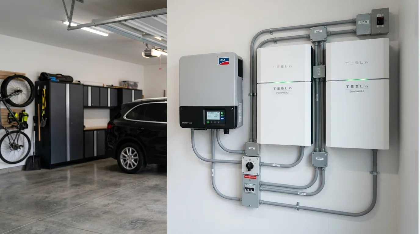 Residential lithium solar battery storage system mounted on a garage wall next to a hybrid inverter