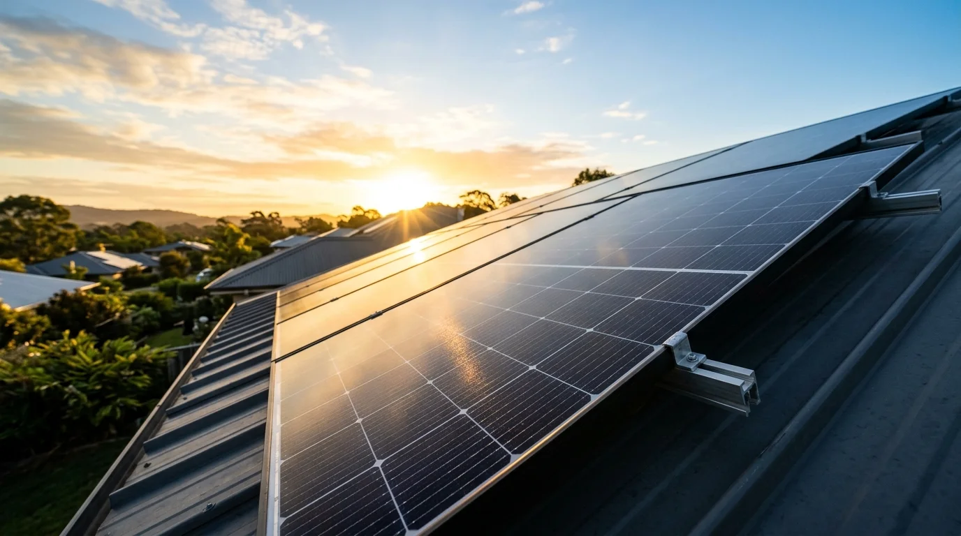 Solar technician installing high-efficiency monocrystalline solar panels on residential roof with electrical inverter wiring