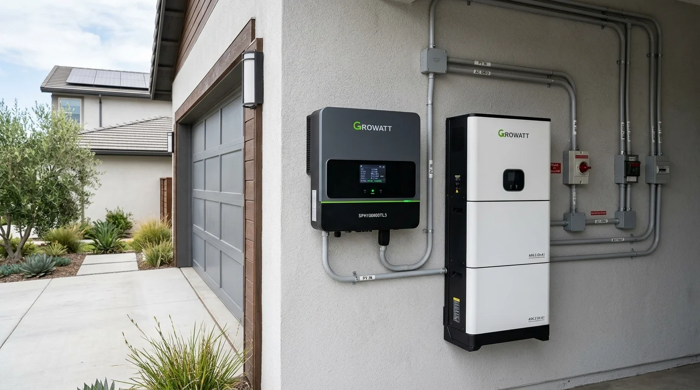 Modern hybrid solar inverter system mounted on garage wall with home battery storage