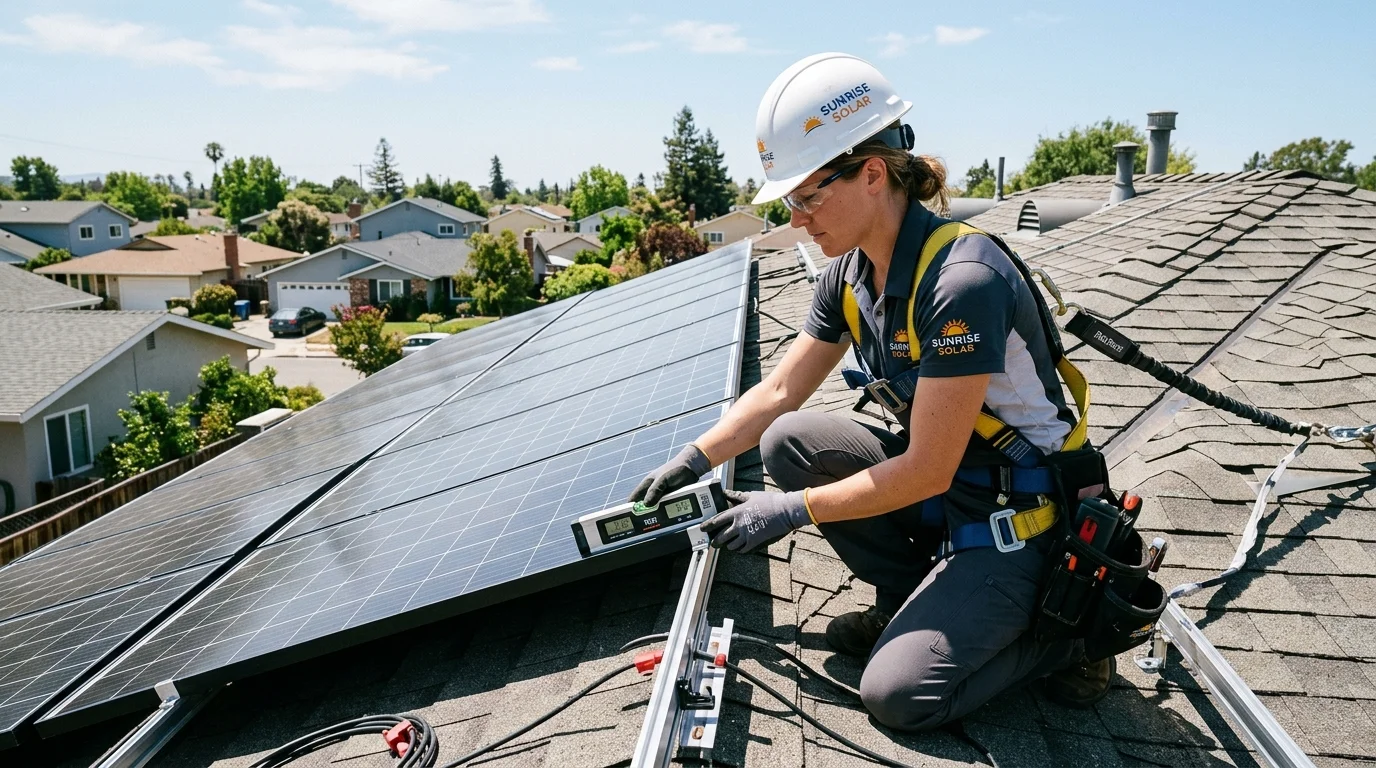 Rooftop solar photovoltaic panels installed on modern residential house roof in sunlight
