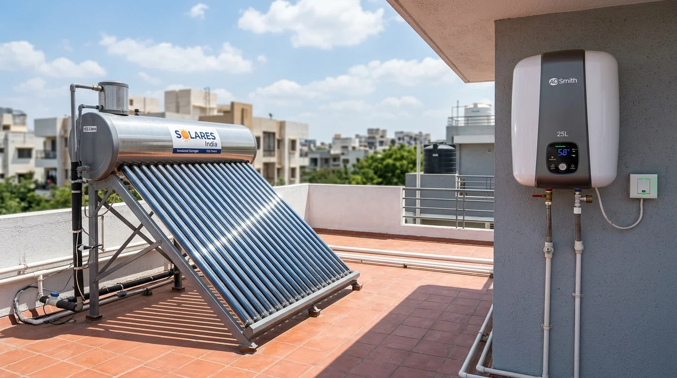 Rooftop solar water heater with evacuated vacuum tubes and storage tank installed on a terrace alongside a wall-mounted electric geyser