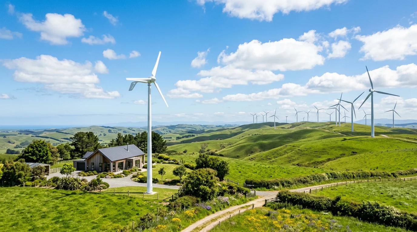 Small residential wind turbine on rural property with utility scale wind turbines on rolling hills