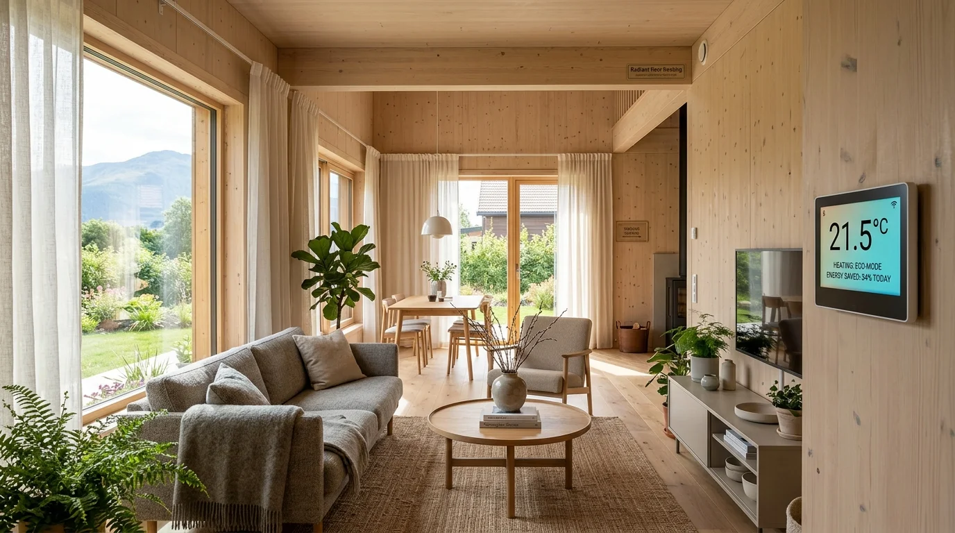 Modern energy-efficient eco-friendly living room with smart thermostat and low consumption lighting