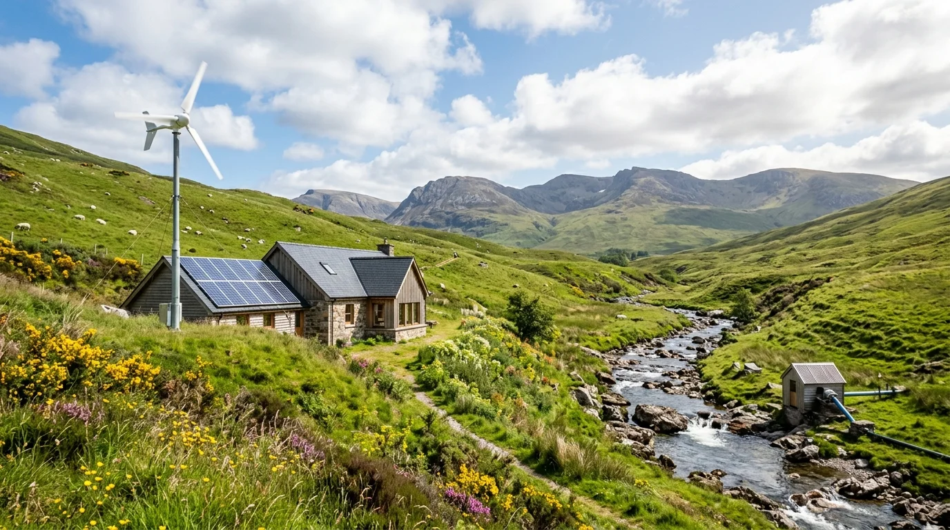 Small residential wind turbine, solar arrays, and clean renewable energy landscapes