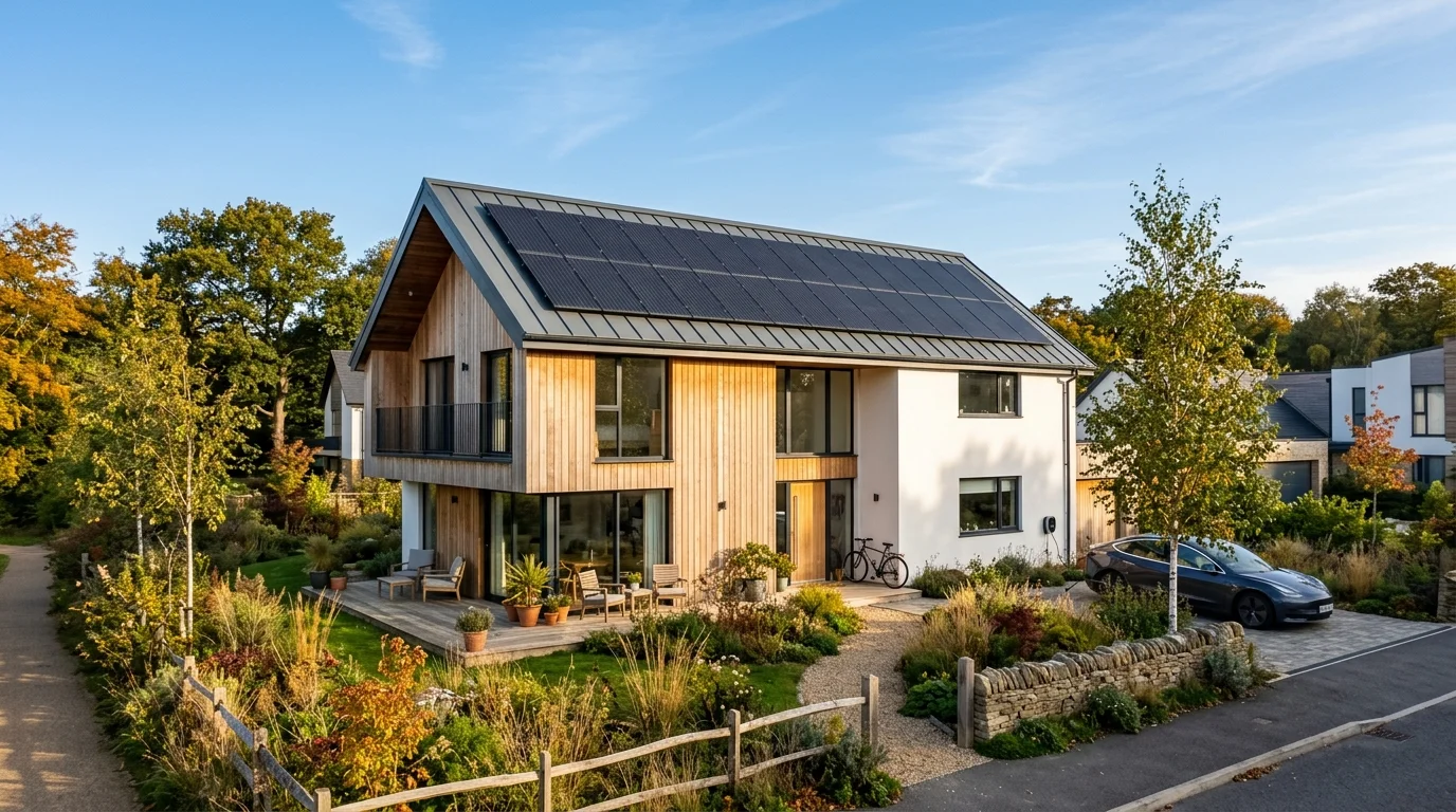 Modern energy-efficient residential home equipped with rooftop solar panels surrounded by trees